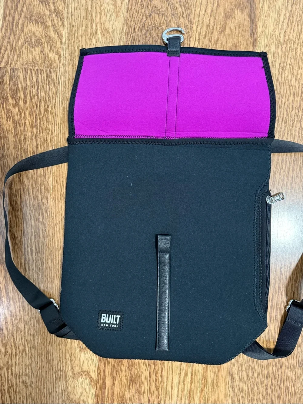 BUILT NEW YORK neoprene city backpack w/ inside and outside pockets. Pink inside